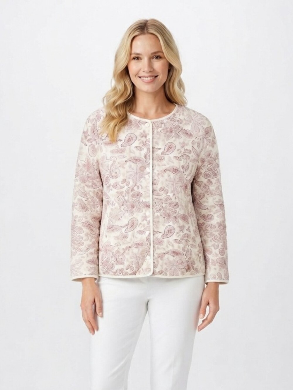 Melrose and Market Quilted Paisley Jacket Medium Cream Maroon Boho Floral Snap